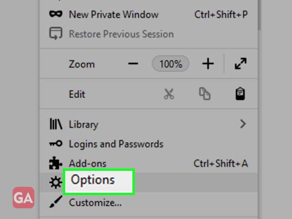 In the Firefox browser, click on the menu and then click on 'Options'