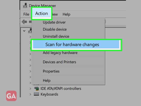 Go to ‘Action’ tab and click on ‘scan for hardware changes’