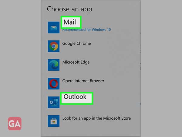 Choose the 'Mail' or 'Outlook' option to set as the default email program for the browser