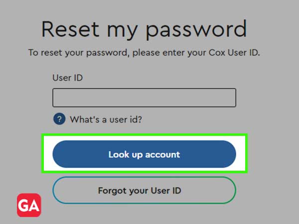 Enter your Cox User ID and click on ‘Look up account’ to find your account