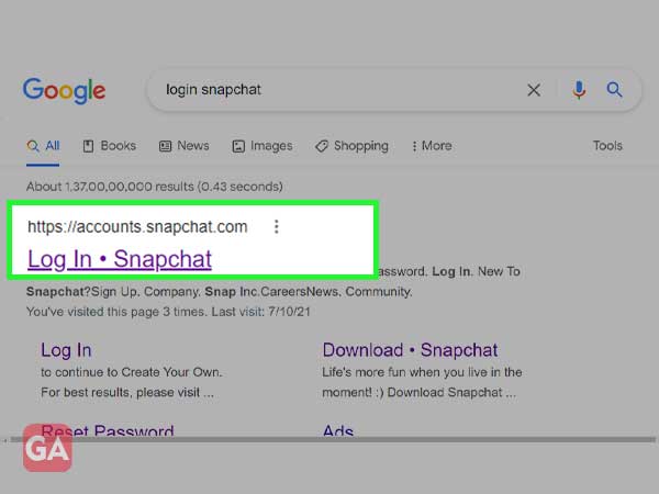 Search login Snapchat in the Search Engine 