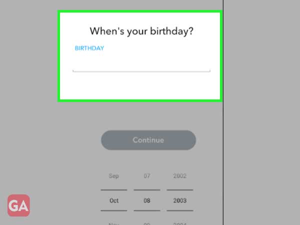 Enter birth details to sign up for Snapchat