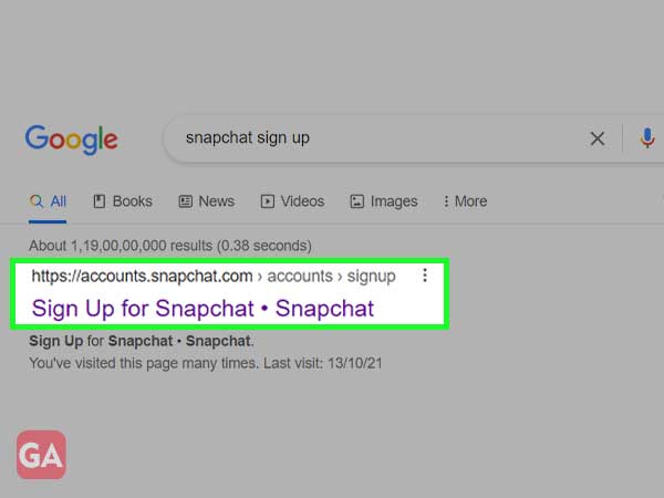 Search Snapchat Sign up through Browser