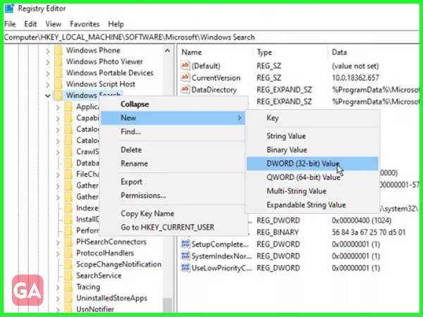 Right-click on ‘Windows Search’ and select New>Dword (32-bit) Value
