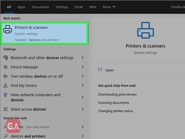 In start menu, type devices and click on printers and scanners