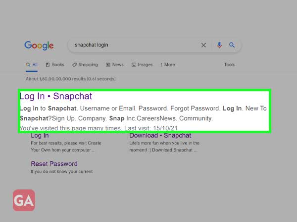 Search Snapchat login in a web browser 