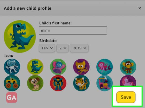 Save child profile in Amazon Household 