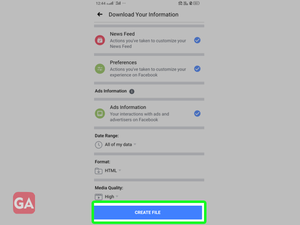 Click on “Create file” to download your Facebook Data