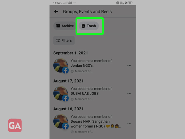 Go to the trash can icon to check and recover the data deleted in Facebook Groups
