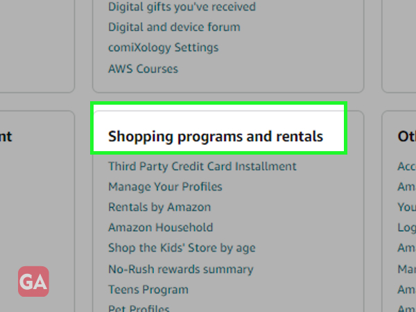 Shopping programs and Rentals in Amazon Account