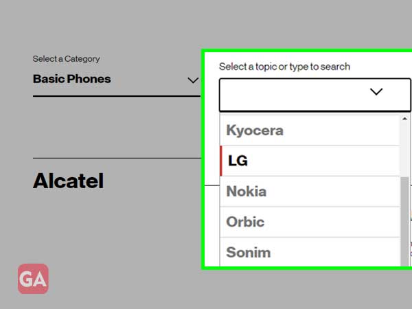 Select Topic on Verizon Support Web Page