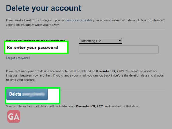 enter your password and click delete account