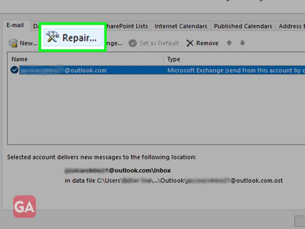 Select your Email Account and click on Repair, under the Outlook Account Settings