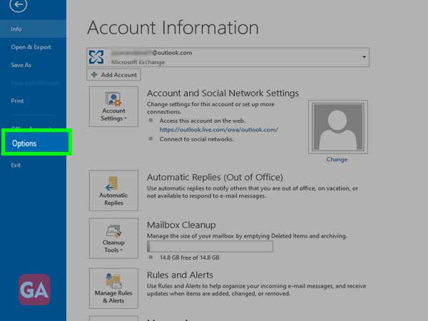 Click on Options, under Outlook Account Settings 