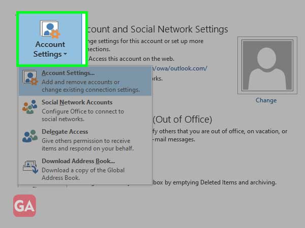 Account Settings in Outlook Account