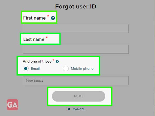 Enter your first name, last name and your phone number or email address, and click 'Next'