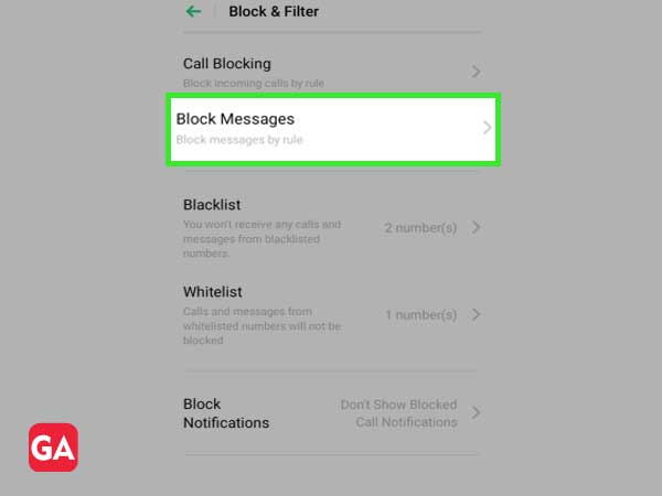 Block messages section under block and filter 