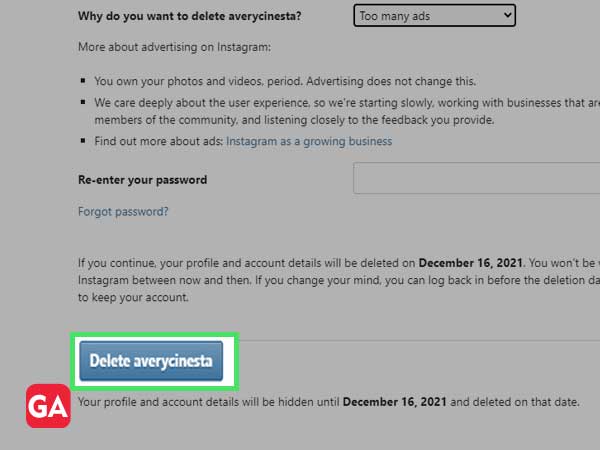 re-enter password ad delete Instagram account 
