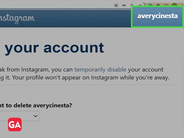 Click on the username at delete my Instagram account page