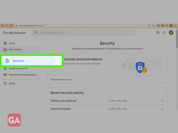 Go to Security in Google Account 