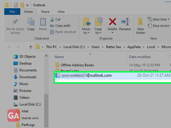 Select your outlook data in file manager of your device 