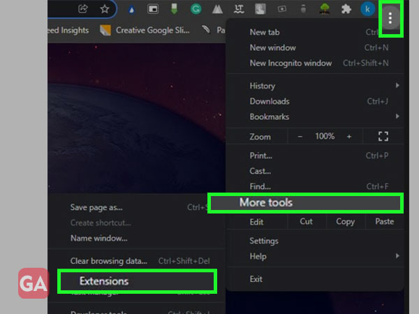 Click menu icon, select More Tools and click Extensions