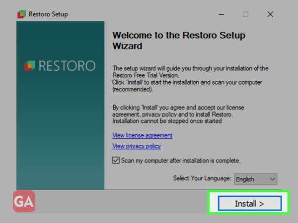 click on the install tab to use Restoro repairing tool