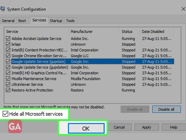 icrosoft services, click on disable all, click on OK