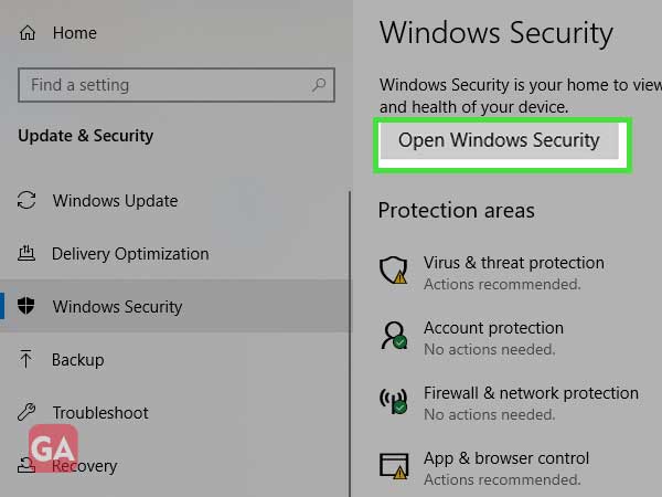 click on open windows security under windows settings