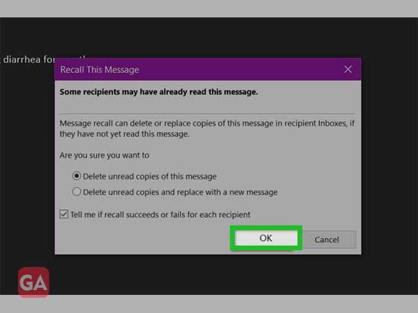 recall this message option fields for Outlook