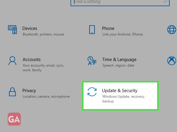 click update and security under settings