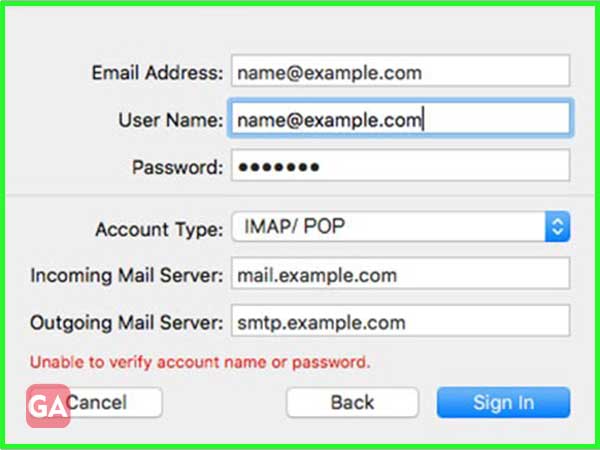 Enter the AT&T mail server settings details.