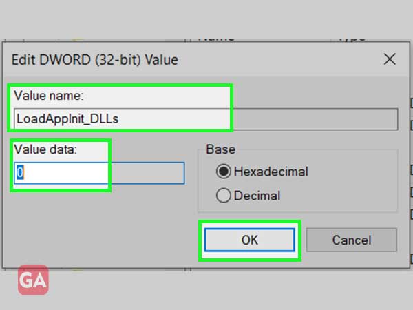 Double-click the entry “LoadAppInit_DLLs”, to change the assigned value to “0”