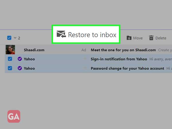 Click restore to inbox