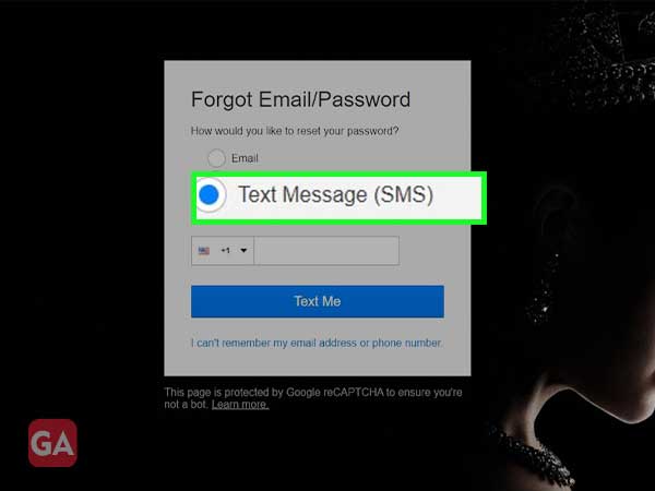 Select the Text Message (SMS) option to reset the password.