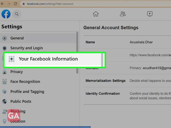 Your Facebook information in Facebook settings