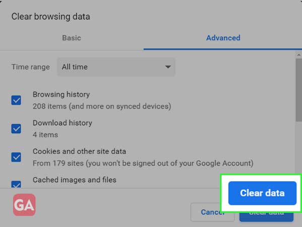 click on clear data to clear cache and cookies data 