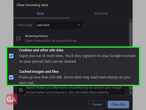Select the options to clear cookies and cache of the browser.