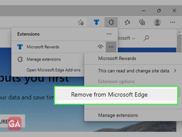  Click on the extensions icon, choose the saved extension, and click on remove from Microsoft edge