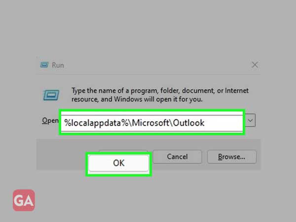 In the Run window, type %localappdata%\Microsoft\Outlook.