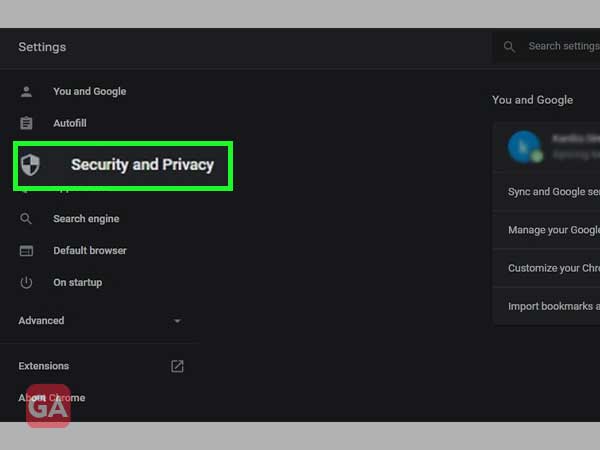 Select Security and Privacy from browser Settings.