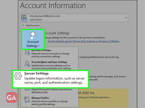 Select Account Settings and from the dropdown menu, select Server Settings.