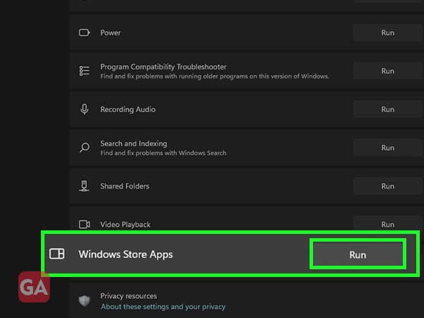 Click on the Run button beside the Windows Store Apps option.