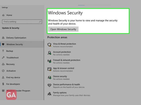 click on open Windows security under windows security