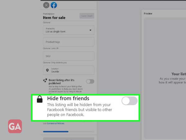 Optionally you can enable the setting to hide listing from your Facebook friends.