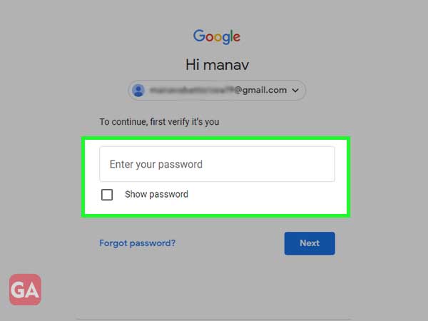Enter your Password for Gmail