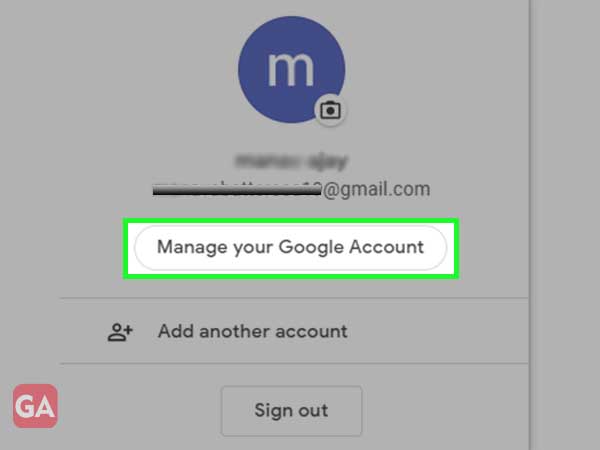 the manage your Google account option in Gmail