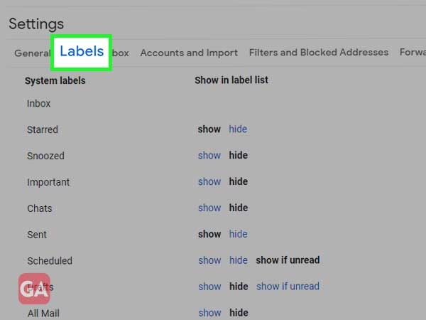 The labels tab in Gmail