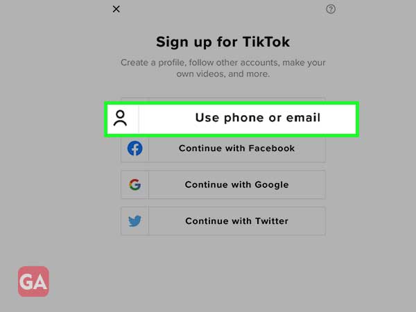Tiktok의 전화 또는 이메일 옵션