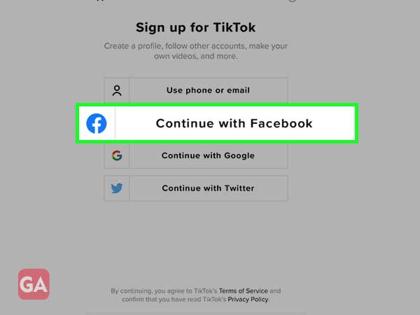 Tiếp tục với đăng nhập Facebook cho Tiktok
